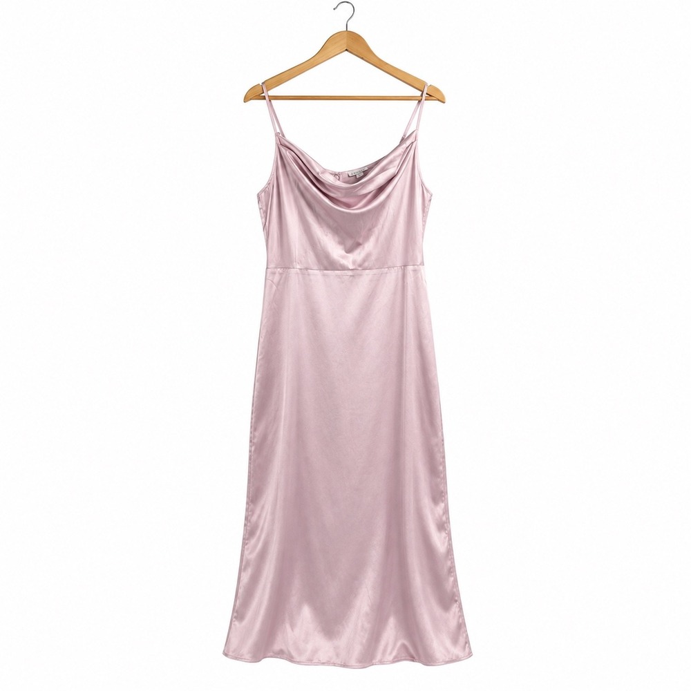 Satin Cowl Neck Midi Dress Side Slit Formal Cocktail